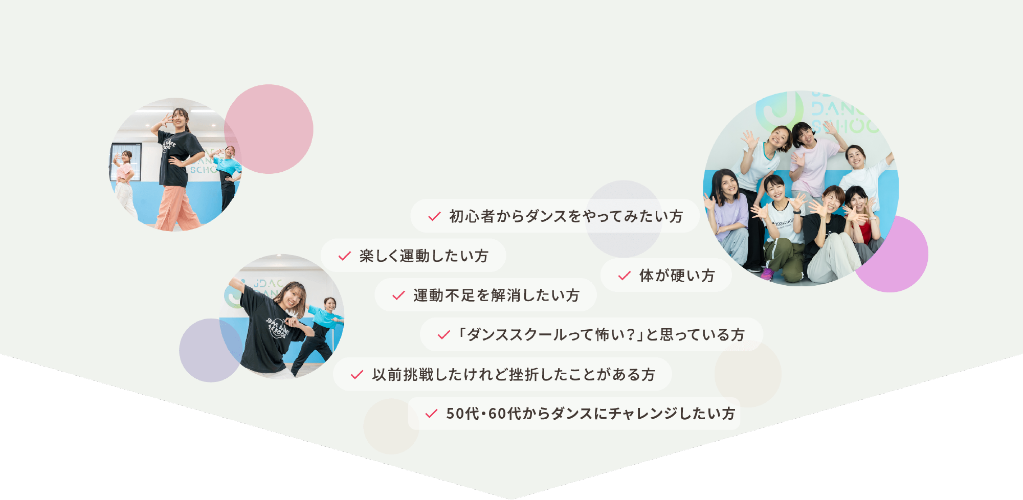 初心者からダンスをやってみたい方 楽しく運動したい方 運動不足を解消したい方 体が硬い方 「ダンススクールって怖い？」と思っている方 以前挑戦したけれど挫折したことがある方